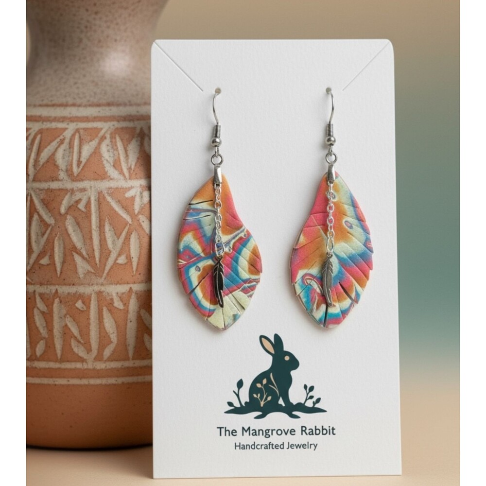 Southwest Feather Colorful Boho Handmade Polymer Clay Dangle Statement Earrings